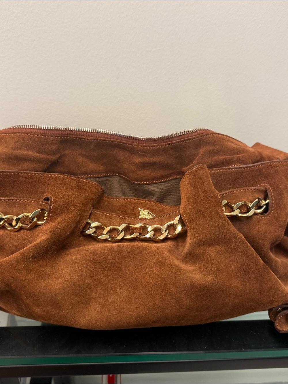 Burberry Suede Shoulder Bag in Chestnut with Gold Chain